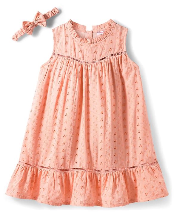 Babyhug Cotton Woven Sleeveless Floral Embroidered Schiffli A Line Frock with Headband - Peach