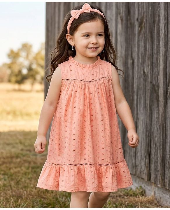 Babyhug Cotton Woven Sleeveless Floral Embroidered Schiffli A Line Frock with Headband - Peach