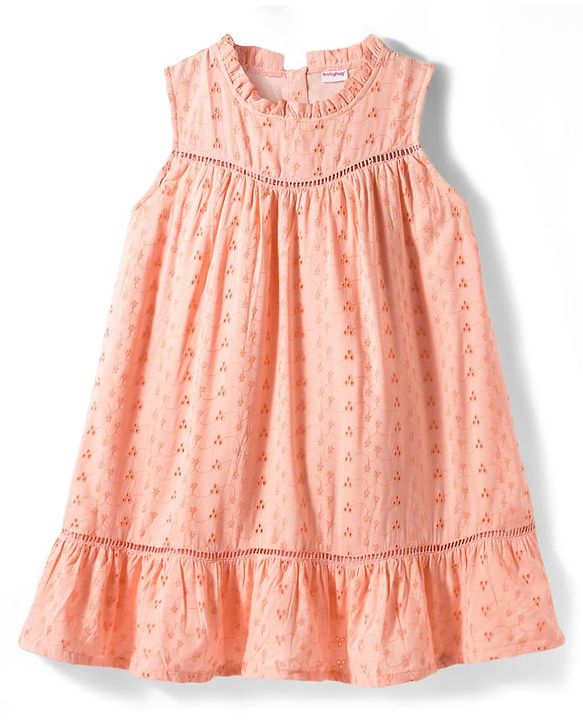 Babyhug Cotton Woven Sleeveless Floral Embroidered Schiffli A Line Frock with Headband - Peach