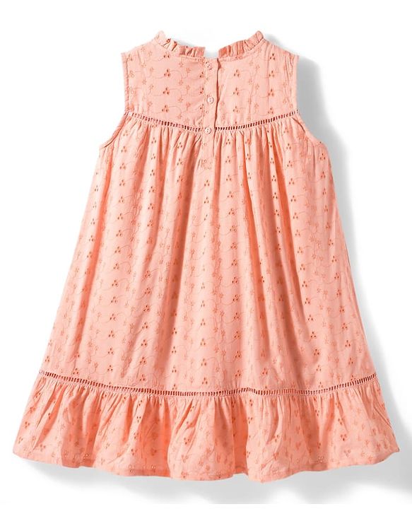 Babyhug Cotton Woven Sleeveless Floral Embroidered Schiffli A Line Frock with Headband - Peach