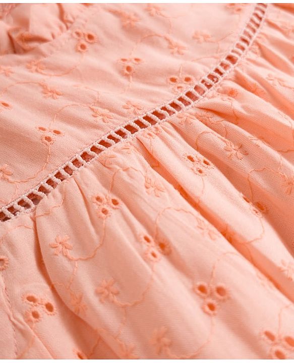 Babyhug Cotton Woven Sleeveless Floral Embroidered Schiffli A Line Frock with Headband - Peach