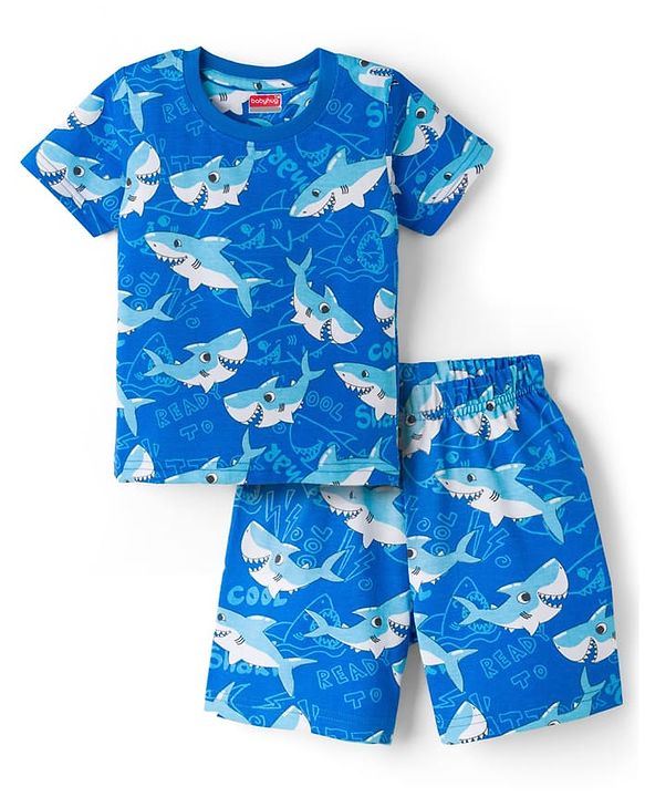 Babyhug Cotton Knit Half Sleeves Sea Life Printed Co-Ords T-Shirt & Shorts Night Suit - Blue