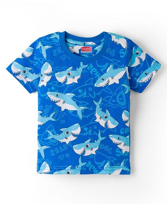 Babyhug Cotton Knit Half Sleeves Sea Life Printed Co-Ords T-Shirt & Shorts Night Suit - Blue