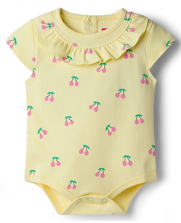 Babyhug 100% Cotton Knit Half Cap Sleeves Onesie with Cherry Print - Yellow