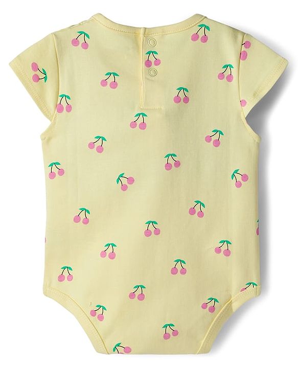 Babyhug 100% Cotton Knit Half Cap Sleeves Onesie with Cherry Print - Yellow