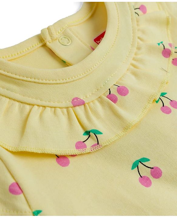 Babyhug 100% Cotton Knit Half Cap Sleeves Onesie with Cherry Print - Yellow