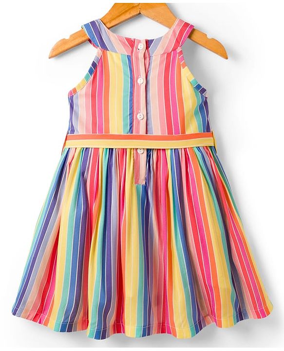 Babyhug Cotton Woven Sleeveless Halter Neck Striped Dress With Belt - Multicolor