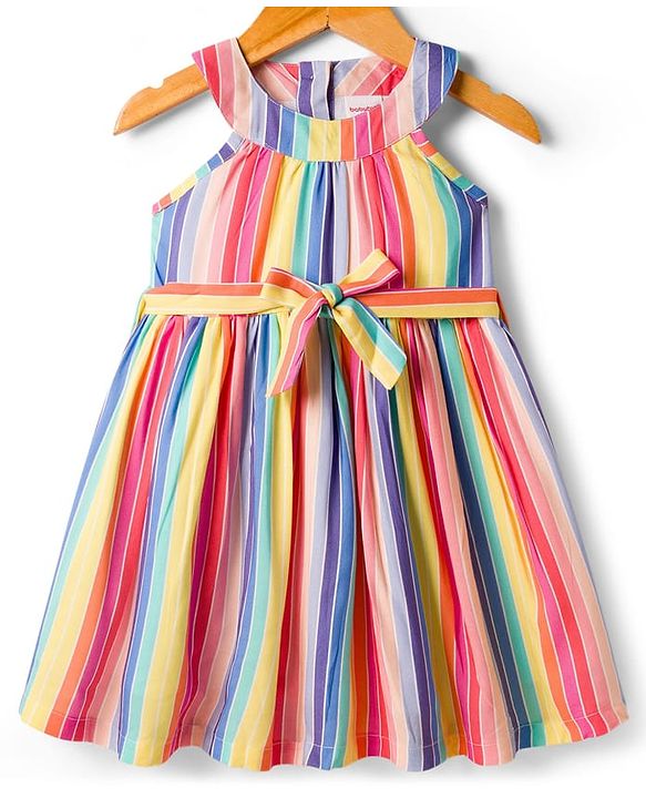 Babyhug Cotton Woven Sleeveless Halter Neck Striped Dress With Belt - Multicolor