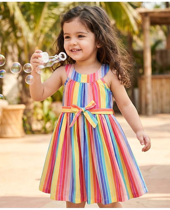 Babyhug Cotton Woven Sleeveless Halter Neck Striped Dress With Belt - Multicolor