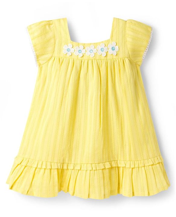 Babyhug Cotton Woven Half Sleeves Frock With Floral Crochet Applique - Yellow