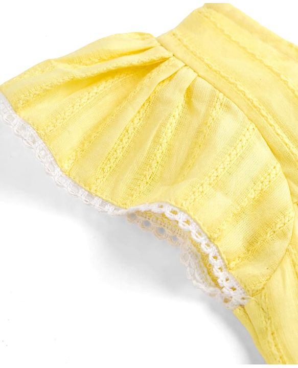 Babyhug Cotton Woven Half Sleeves Frock With Floral Crochet Applique - Yellow