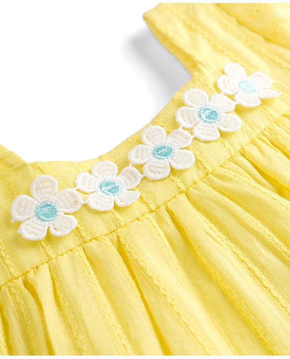 Babyhug Cotton Woven Half Sleeves Frock With Floral Crochet Applique - Yellow