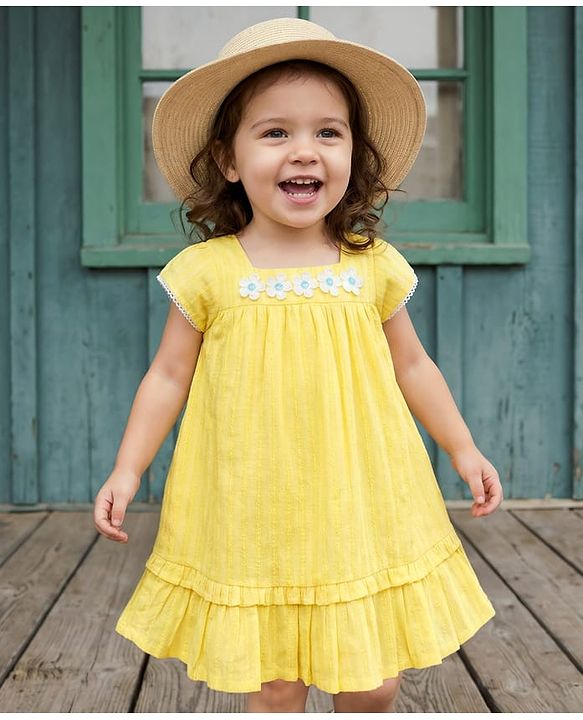 Babyhug Cotton Woven Half Sleeves Frock With Floral Crochet Applique - Yellow
