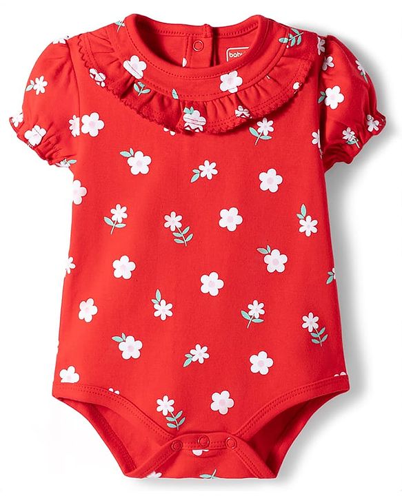 Babyhug 100% Cotton Knit Half Sleeves Floral Printed Onesie With Headband - Red