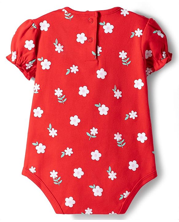 Babyhug 100% Cotton Knit Half Sleeves Floral Printed Onesie With Headband - Red