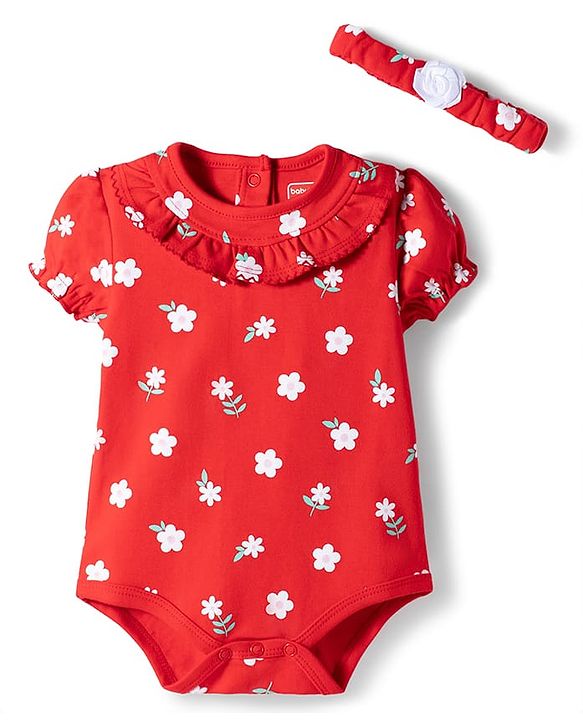 Babyhug 100% Cotton Knit Half Sleeves Floral Printed Onesie With Headband - Red