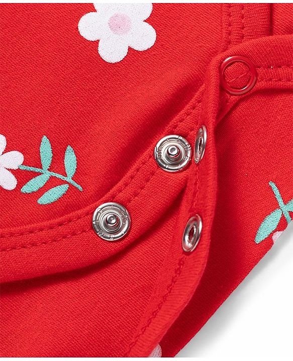 Babyhug 100% Cotton Knit Half Sleeves Floral Printed Onesie With Headband - Red