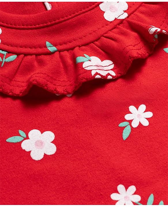 Babyhug 100% Cotton Knit Half Sleeves Floral Printed Onesie With Headband - Red