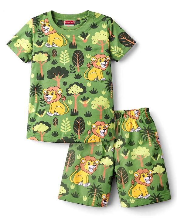 Babyhug Cotton Knit Half Sleeves Jungle Theme Printed Co-Ords T-Shirt & Shorts Night Suit - Green