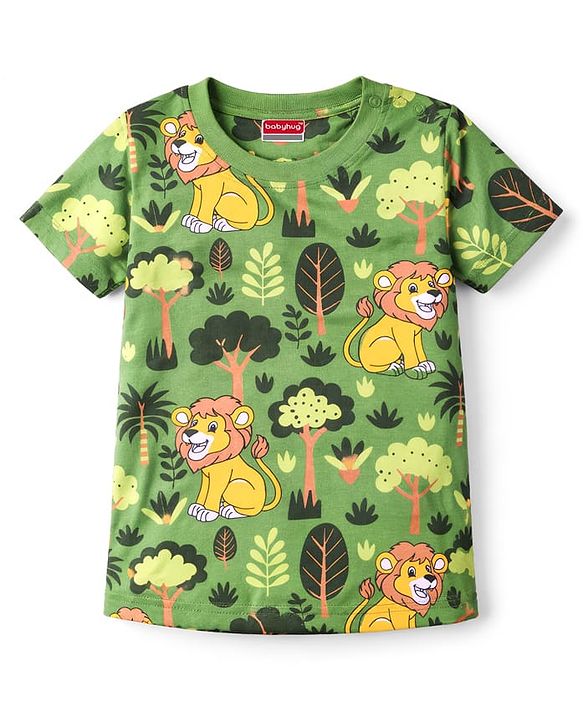 Babyhug Cotton Knit Half Sleeves Jungle Theme Printed Co-Ords T-Shirt & Shorts Night Suit - Green
