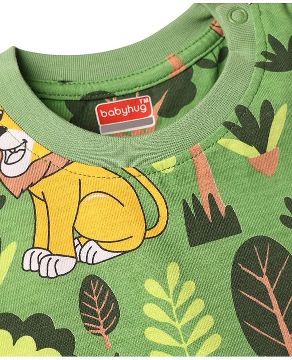 Babyhug Cotton Knit Half Sleeves Jungle Theme Printed Co-Ords T-Shirt & Shorts Night Suit - Green