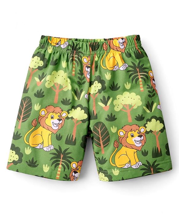 Babyhug Cotton Knit Half Sleeves Jungle Theme Printed Co-Ords T-Shirt & Shorts Night Suit - Green