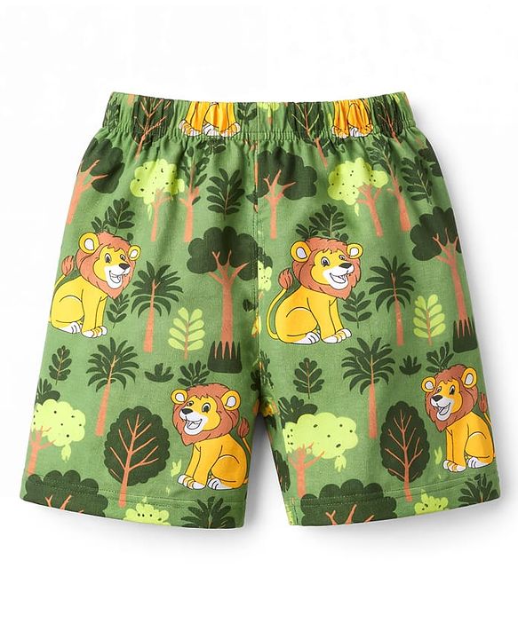 Babyhug Cotton Knit Half Sleeves Jungle Theme Printed Co-Ords T-Shirt & Shorts Night Suit - Green