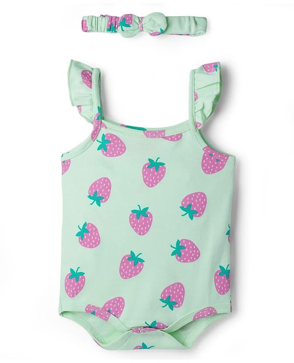 Babyhug 100% Cotton Knit Frill Sleeves Onesies with Headband & Strawberry Print - Sea Green