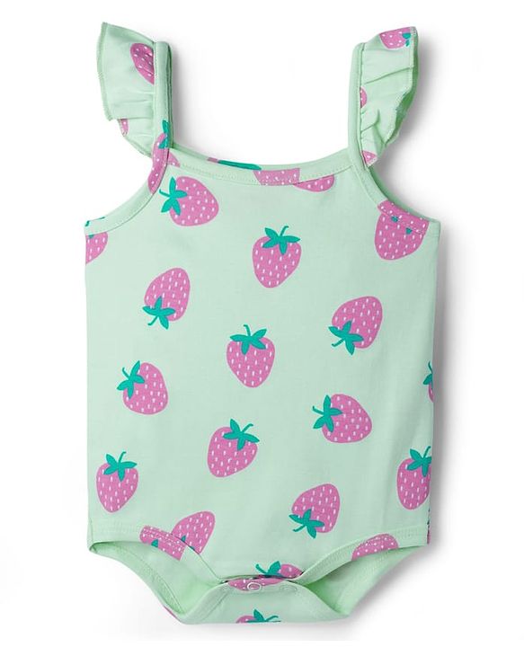 Babyhug 100% Cotton Knit Frill Sleeves Onesies with Headband & Strawberry Print - Sea Green