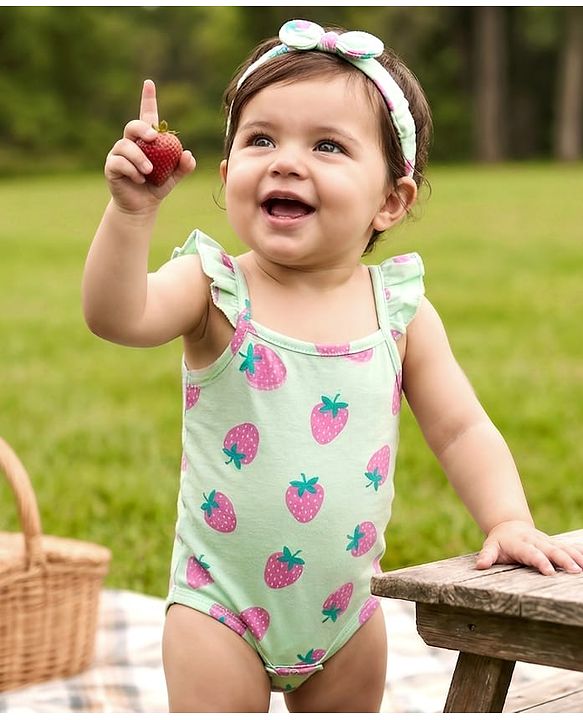 Babyhug 100% Cotton Knit Frill Sleeves Onesies with Headband & Strawberry Print - Sea Green