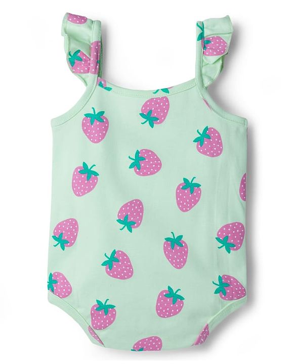 Babyhug 100% Cotton Knit Frill Sleeves Onesies with Headband & Strawberry Print - Sea Green