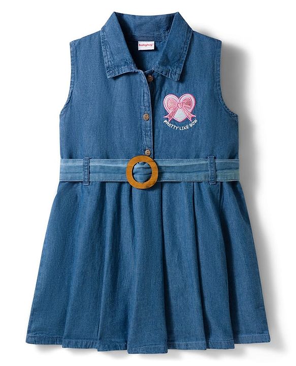 Babyhug Woven Sleeveless Denim Frock With Heart Embroidery & Belt - Blue