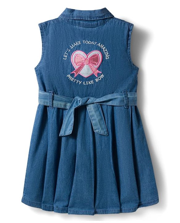 Babyhug Woven Sleeveless Denim Frock With Heart Embroidery & Belt - Blue