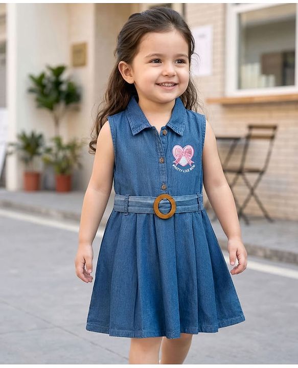 Babyhug Woven Sleeveless Denim Frock With Heart Embroidery & Belt - Blue