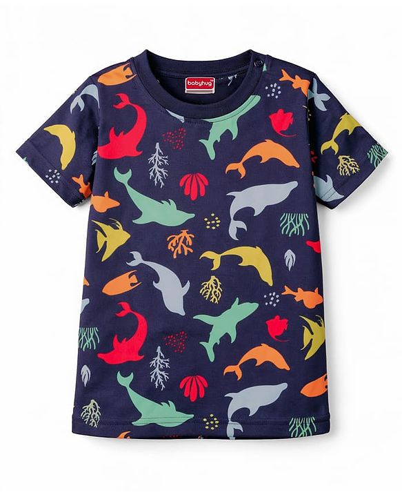 Babyhug Cotton Knit Half Sleeves Sea Life Printed Co-Ords T-Shirt & Shorts Night Suit - Navy Blue