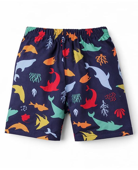 Babyhug Cotton Knit Half Sleeves Sea Life Printed Co-Ords T-Shirt & Shorts Night Suit - Navy Blue