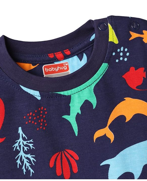 Babyhug Cotton Knit Half Sleeves Sea Life Printed Co-Ords T-Shirt & Shorts Night Suit - Navy Blue
