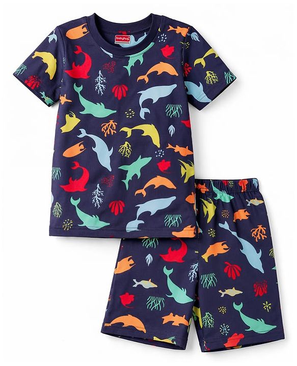 Babyhug Cotton Knit Half Sleeves Sea Life Printed Co-Ords T-Shirt & Shorts Night Suit - Navy Blue