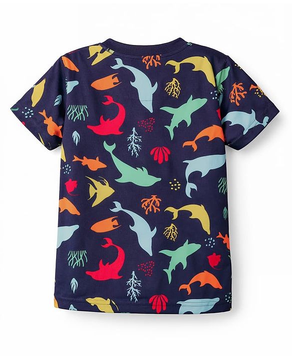 Babyhug Cotton Knit Half Sleeves Sea Life Printed Co-Ords T-Shirt & Shorts Night Suit - Navy Blue