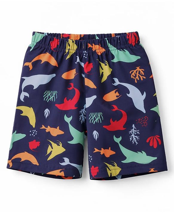 Babyhug Cotton Knit Half Sleeves Sea Life Printed Co-Ords T-Shirt & Shorts Night Suit - Navy Blue
