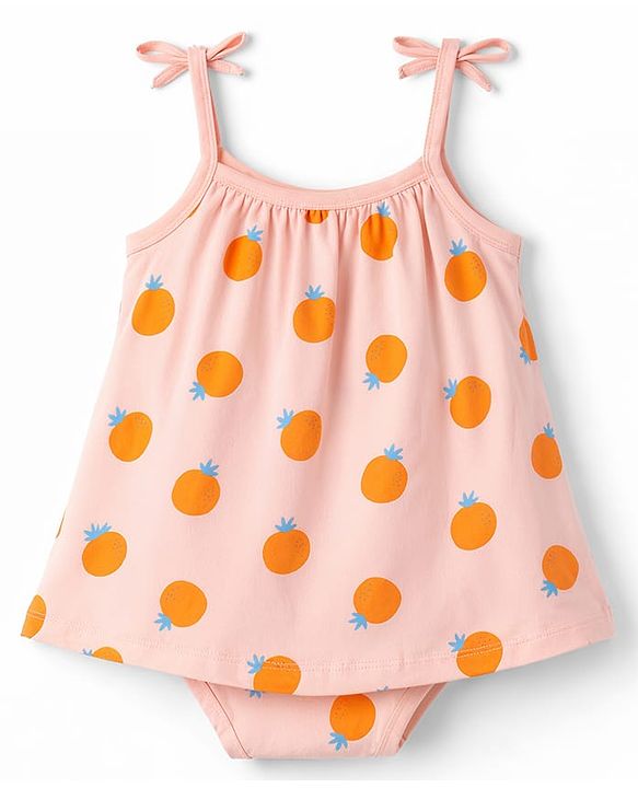 Babyhug 100% Cotton Knit Sleeveless Frock Style Onesie With Orange Print & Headband - Multicolor