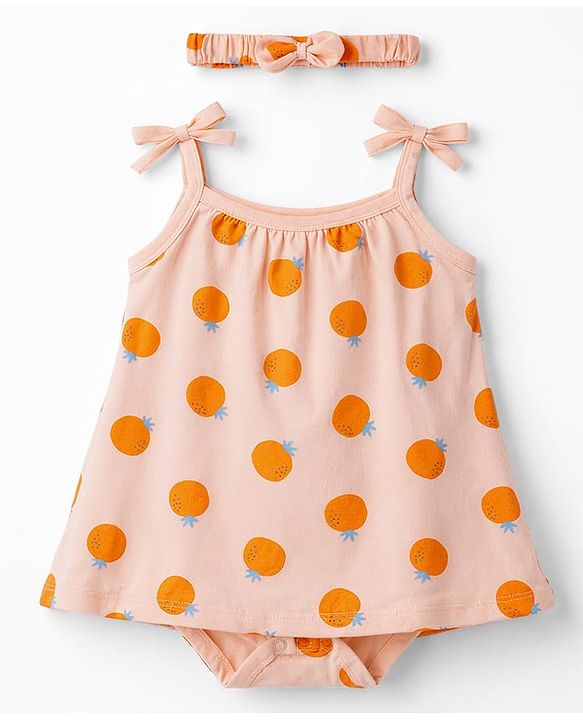 Babyhug 100% Cotton Knit Sleeveless Frock Style Onesie With Orange Print & Headband - Multicolor