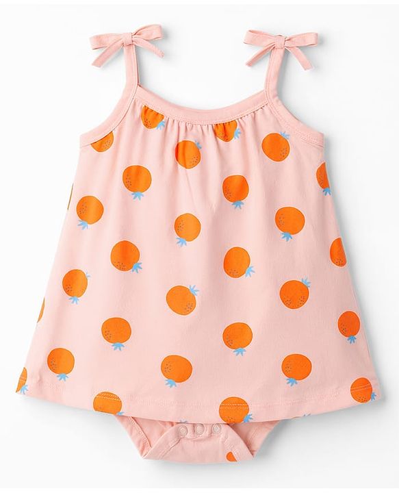 Babyhug 100% Cotton Knit Sleeveless Frock Style Onesie With Orange Print & Headband - Multicolor