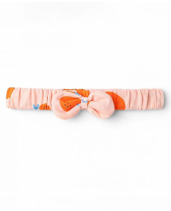 Babyhug 100% Cotton Knit Sleeveless Frock Style Onesie With Orange Print & Headband - Multicolor