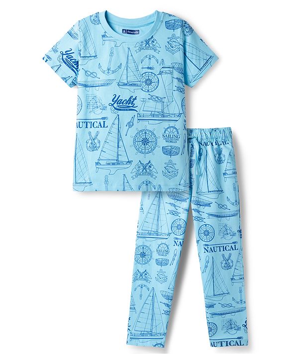 Pine Kids Cotton Knit Half Sleeves Co-Ord T-Shirt & Pyjama Night-Suit With Ship Print - Blue