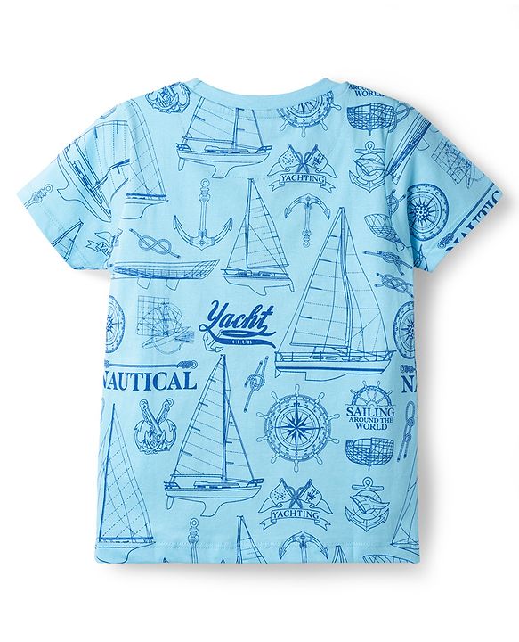 Pine Kids Cotton Knit Half Sleeves Co-Ord T-Shirt & Pyjama Night-Suit With Ship Print - Blue