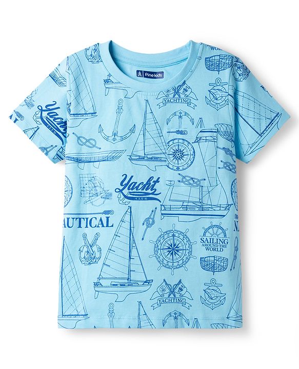 Pine Kids Cotton Knit Half Sleeves Co-Ord T-Shirt & Pyjama Night-Suit With Ship Print - Blue