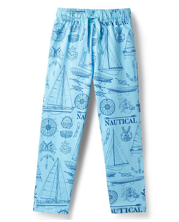 Pine Kids Cotton Knit Half Sleeves Co-Ord T-Shirt & Pyjama Night-Suit With Ship Print - Blue