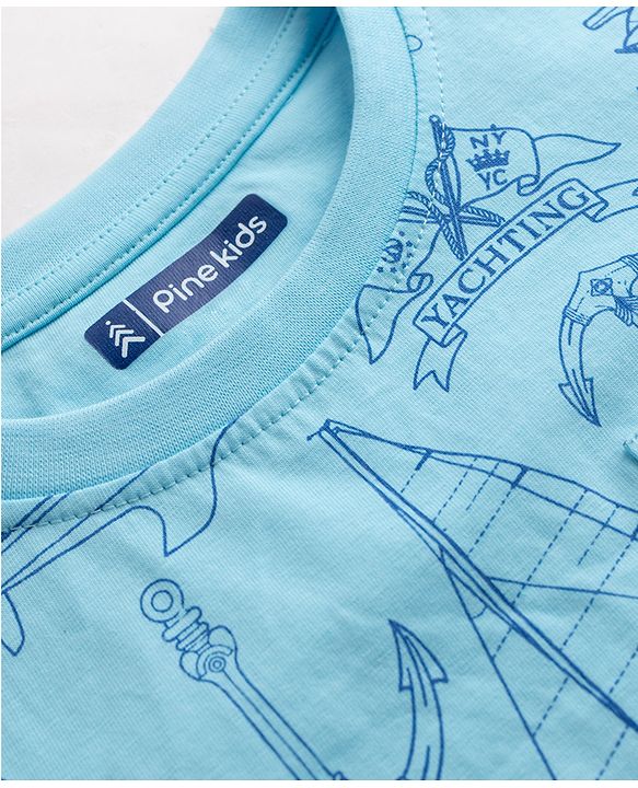 Pine Kids Cotton Knit Half Sleeves Co-Ord T-Shirt & Pyjama Night-Suit With Ship Print - Blue
