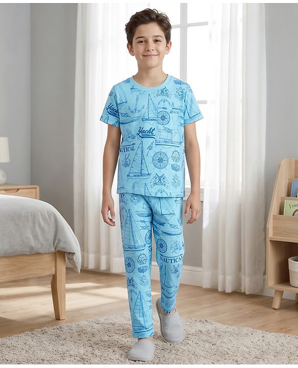 Pine Kids Cotton Knit Half Sleeves Co-Ord T-Shirt & Pyjama Night-Suit With Ship Print - Blue